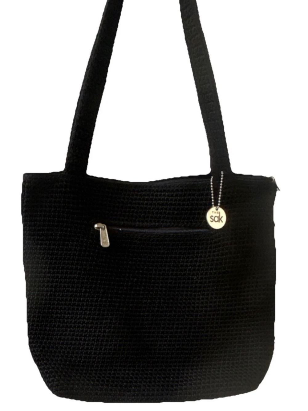 The Sak Black Medium Shoulder Bag Zip Closure w Bag Charm Lined Inner Pockets